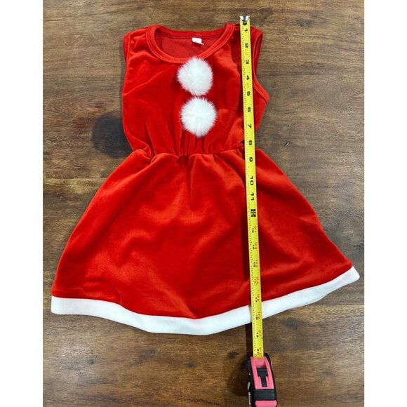 Santa Inspired Christmas Dress W/ White Trim & Pom-Pom Hood For Toddler 2 Piece - Picture 9 of 9